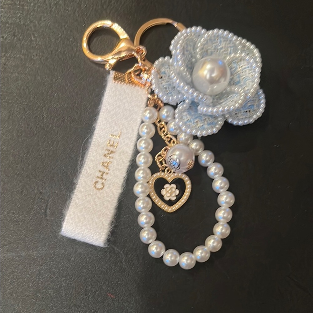 Blue and Gold Keychain with Camila Flower and Authentic Chanel Ribbon